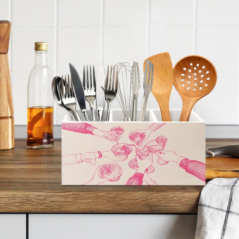 KBRCT Retro Pink Cocktail Wooden Utensils Holder, Pink Kitchen Decor, Trendy Modern Minimalist Cocktail Lover Wood Cooking Utensil Holder Organizer for Kitchen Countertop Counter Decor - Image 5